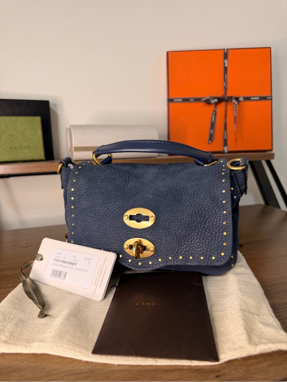 AUTHENTIC - Zanellato Postina Baby Navy Nubuck Leather Top-Handle Bag